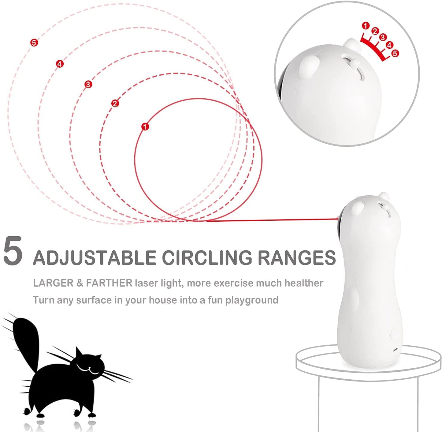 Cat Laser Toy - Automatic Placing, High-5 Circling Ranges, 3 Modes, USB Interactive Toy for Cats & Dogs - Indoor Training & Exercise