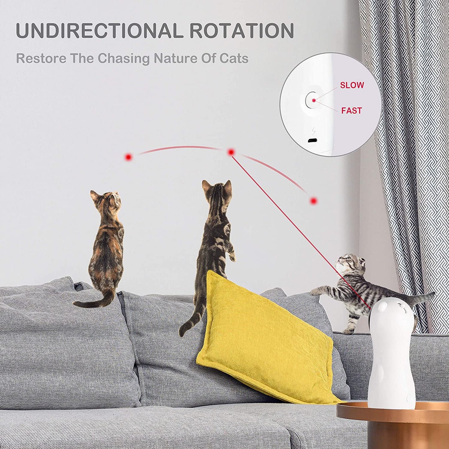 Cat Laser Toy - Automatic Placing, High-5 Circling Ranges, 3 Modes, USB Interactive Toy for Cats & Dogs - Indoor Training & Exercise